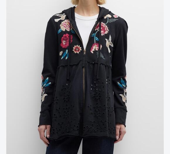 Johny was Tops - Johnny Was Junia Embroidered Hoodie Coat Black French Terry Eyelet Lace XXS NWOT